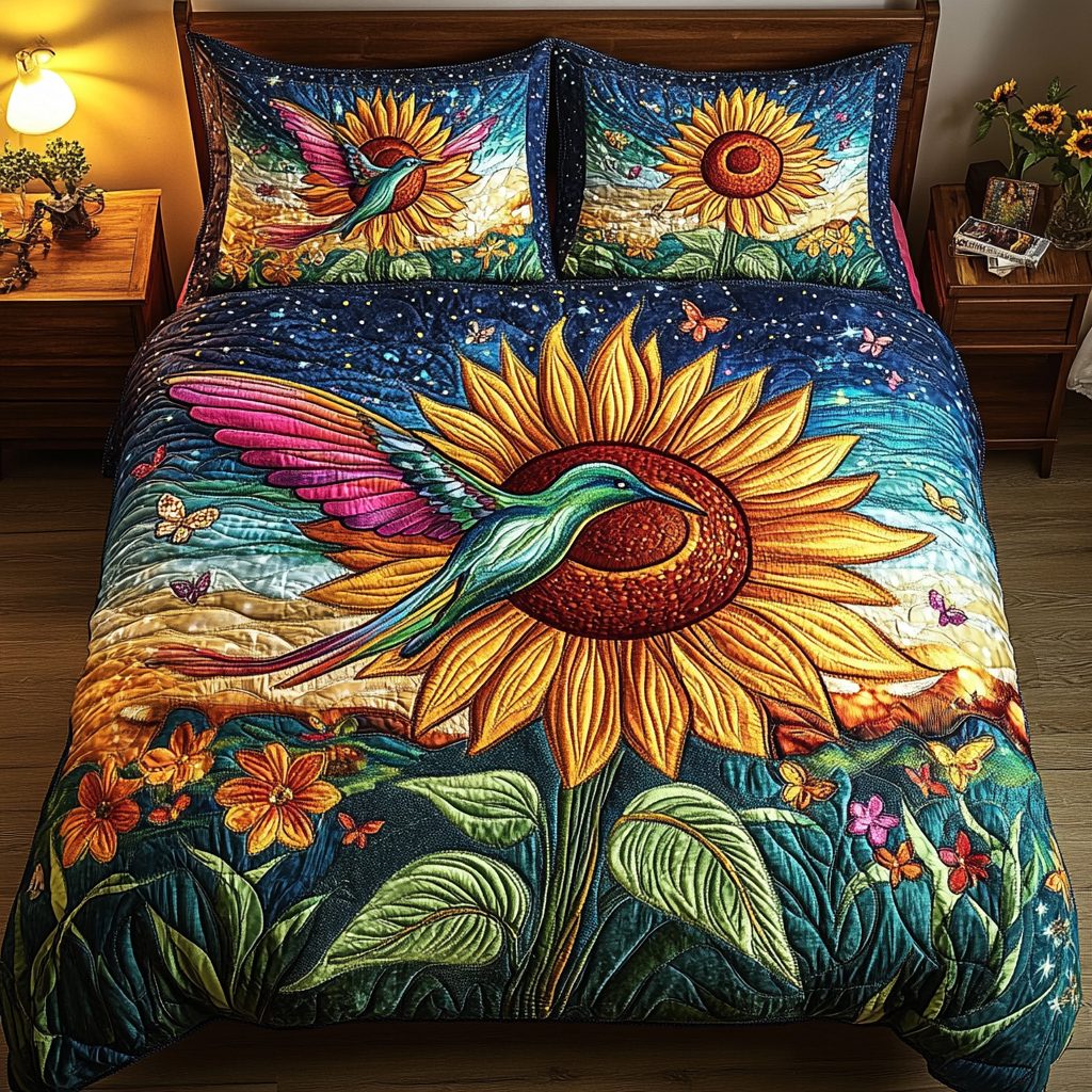 Celestial Sunflower Flight quilted 3-piece bedding set on a made bed with two matching pillow shams