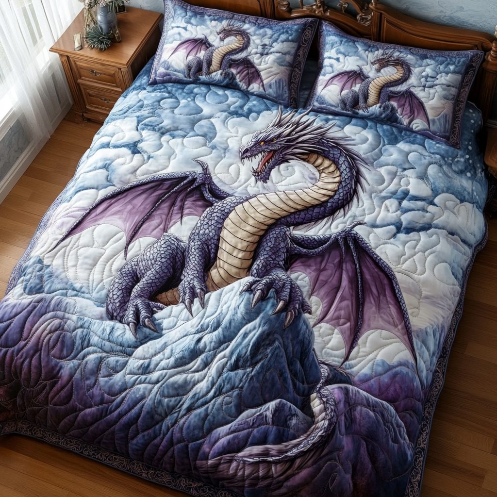 Celestial Talon quilted 3-piece bedding set on a made bed with two matching pillow shams