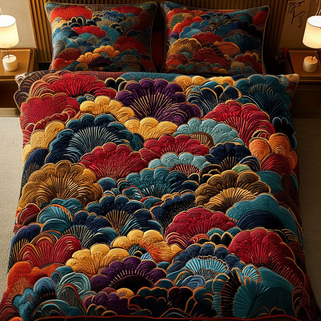 Celestial Tide quilted 3-piece bedding set on a made bed in a light coastal bedroom