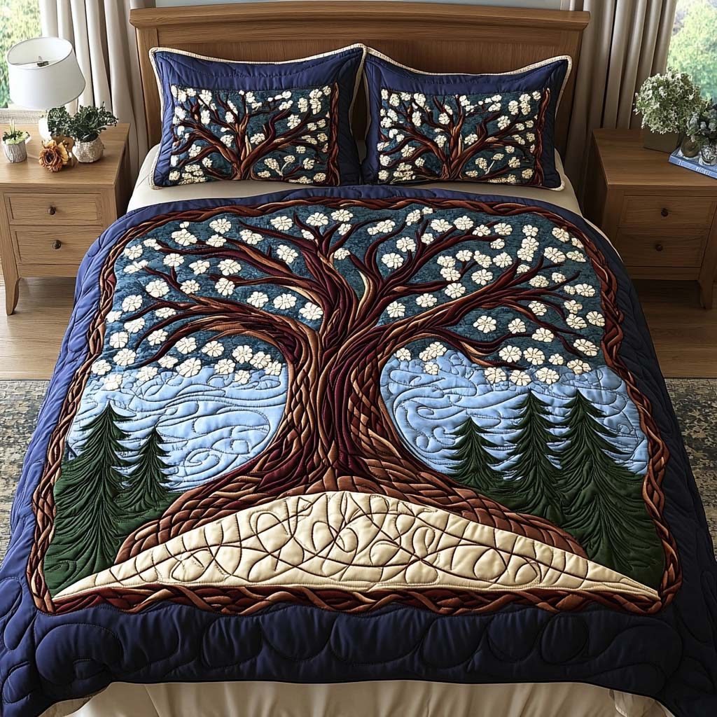 Celestial Tree quilted 3-piece bedding set on a made bed with two matching pillow shams