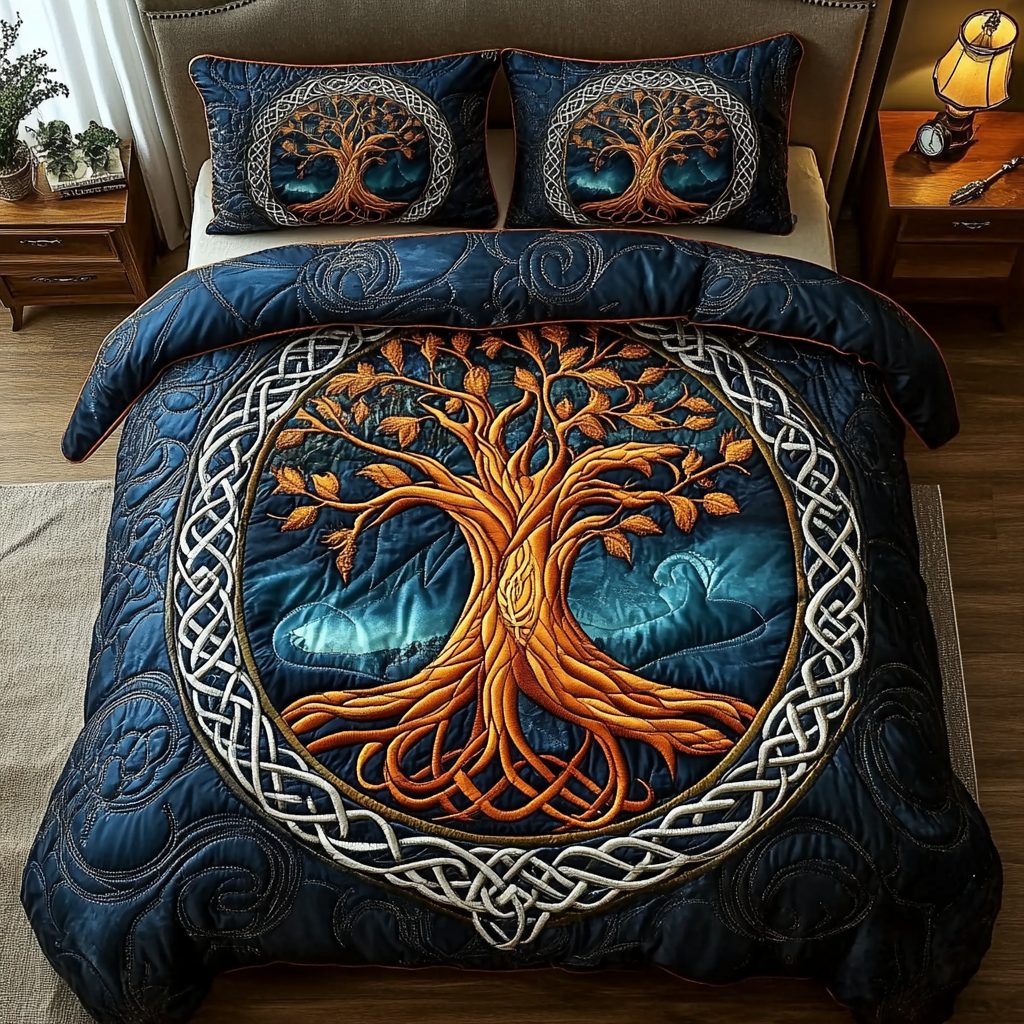 Celestial Tree quilted 3-piece bedding set on a made bed with two matching pillow shams
