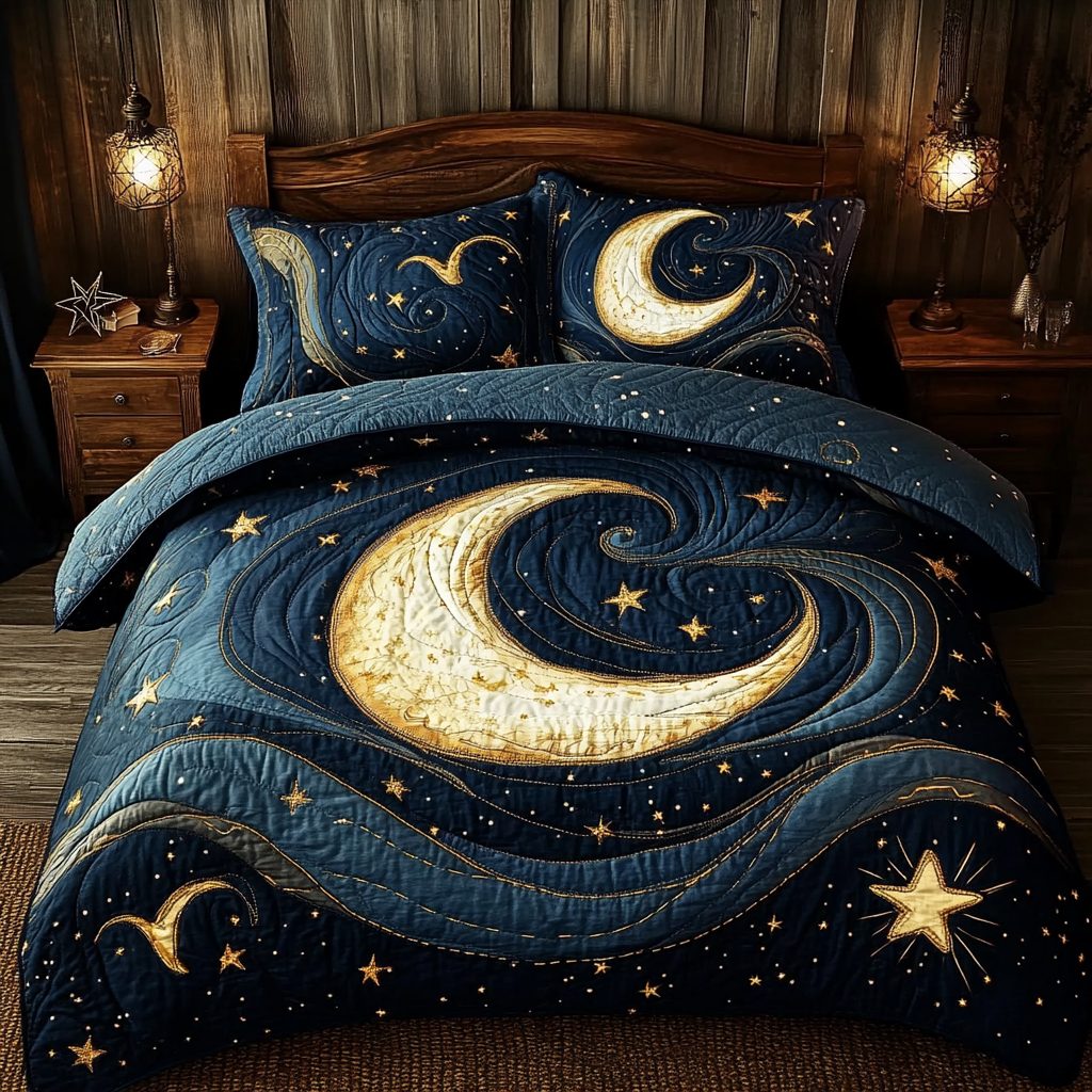 Celestial Whispers quilted 3-piece bedding set on a made bed with two matching pillow shams