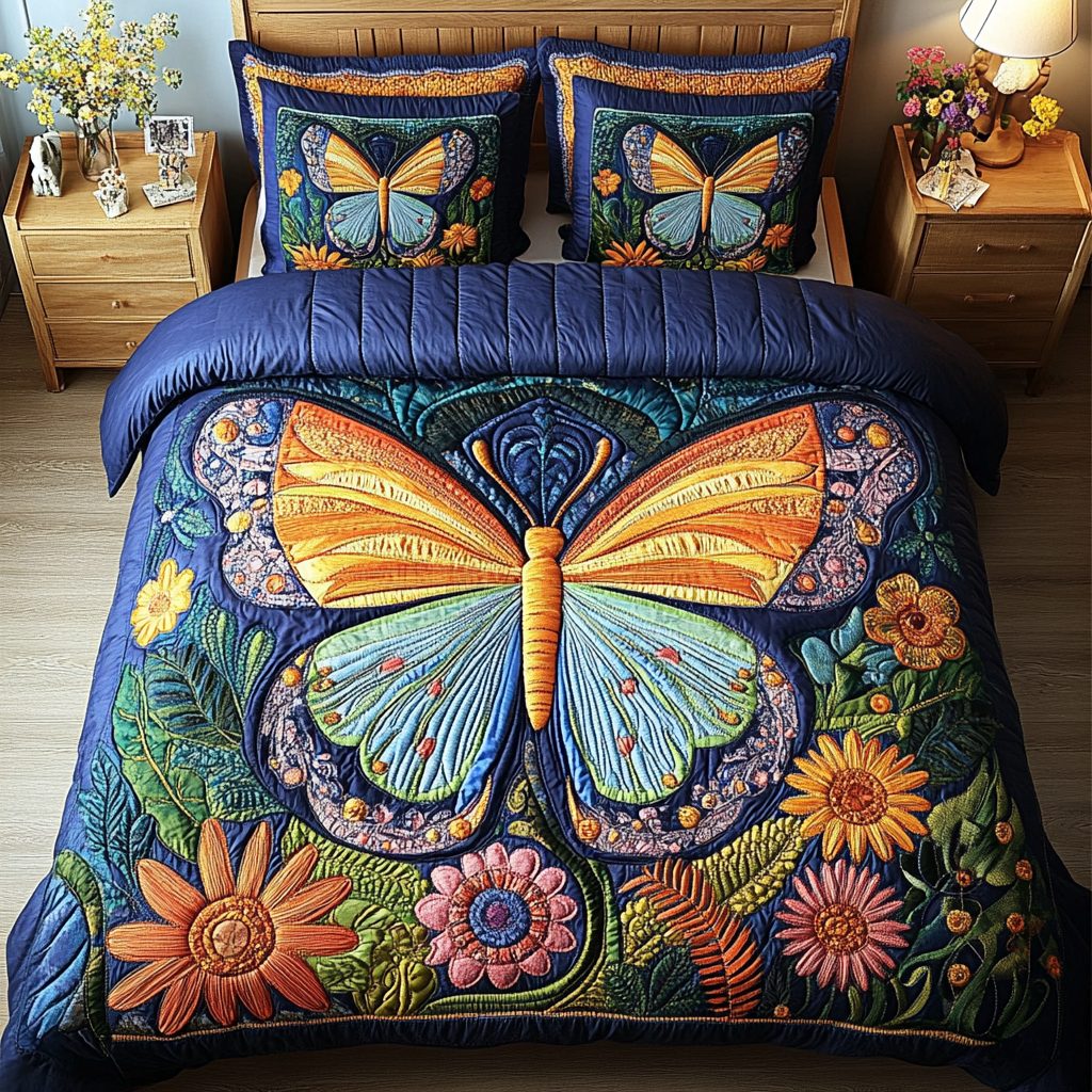 Celestial Wings quilted 3-piece bedding set on a made bed with two matching pillow shams