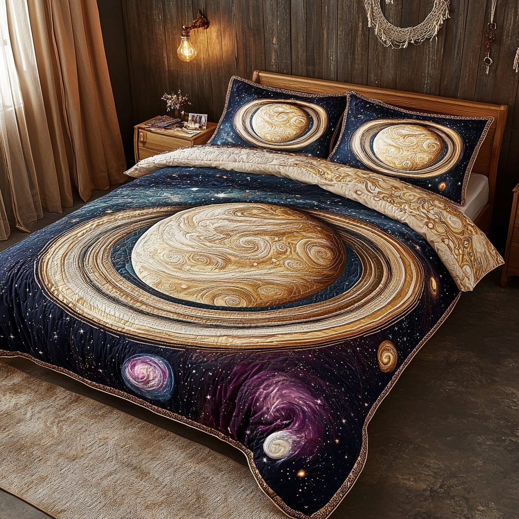 Celestial Wonders quilted 3-piece bedding set on a made bed with two matching pillow shams