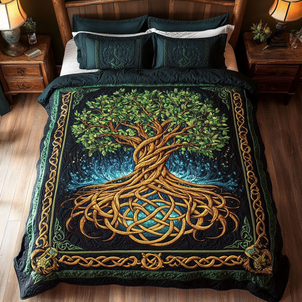 Celtic Bloom Haven quilted 3-piece bedding set on a made bed with two matching pillow shams