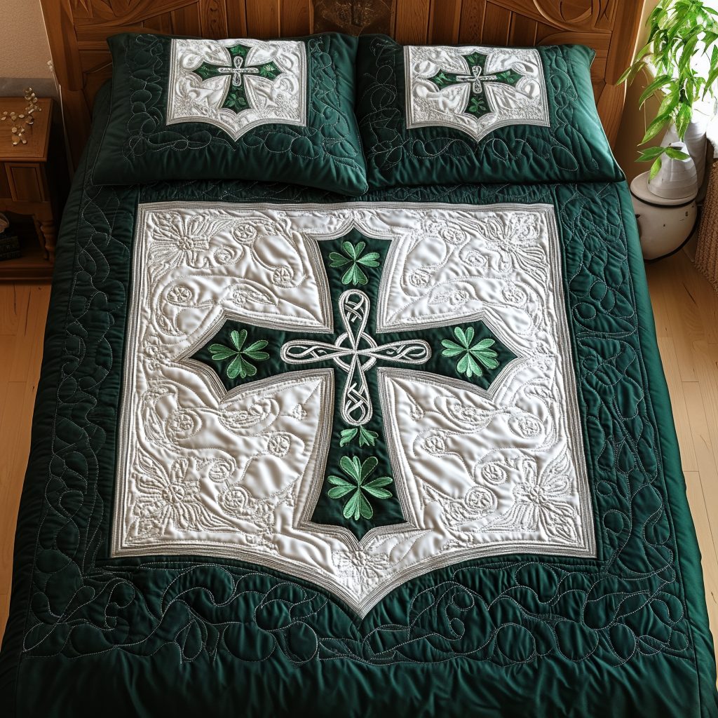 Celtic Cross Haven quilted 3-piece bedding set on a made bed in a softly lit bedroom