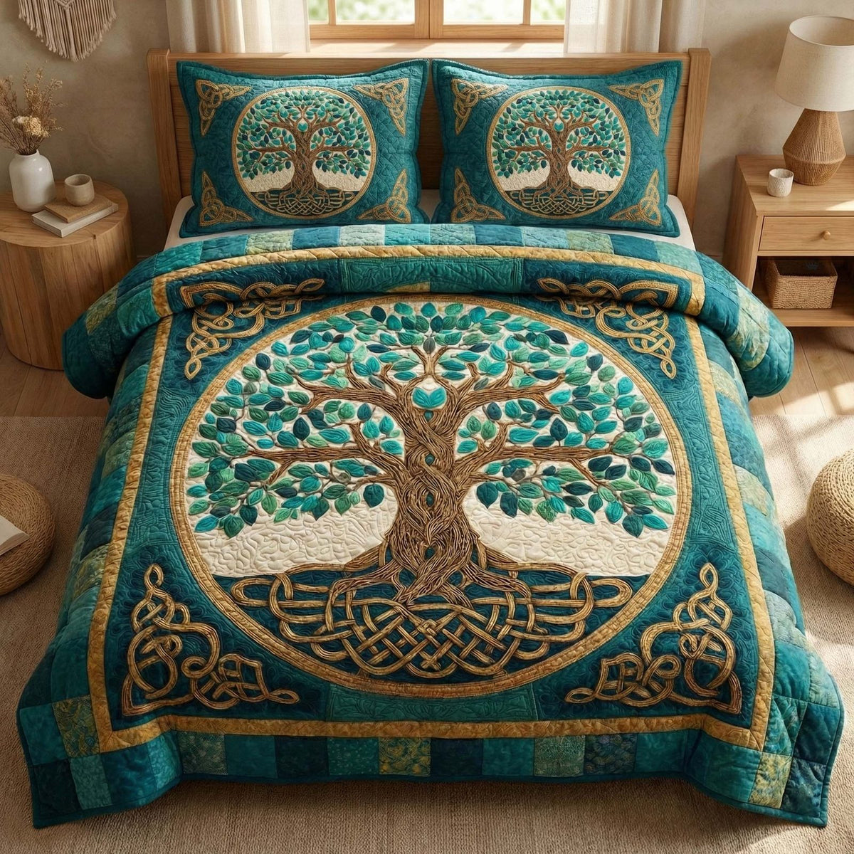 Celtic Emerald quilted 3-piece bedding set on a made bed with two matching pillow shams