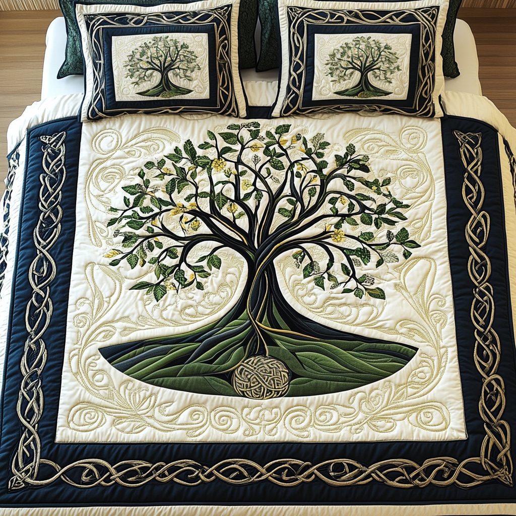 Celtic Essence quilted 3-piece bedding set on a made bed with two matching pillow shams