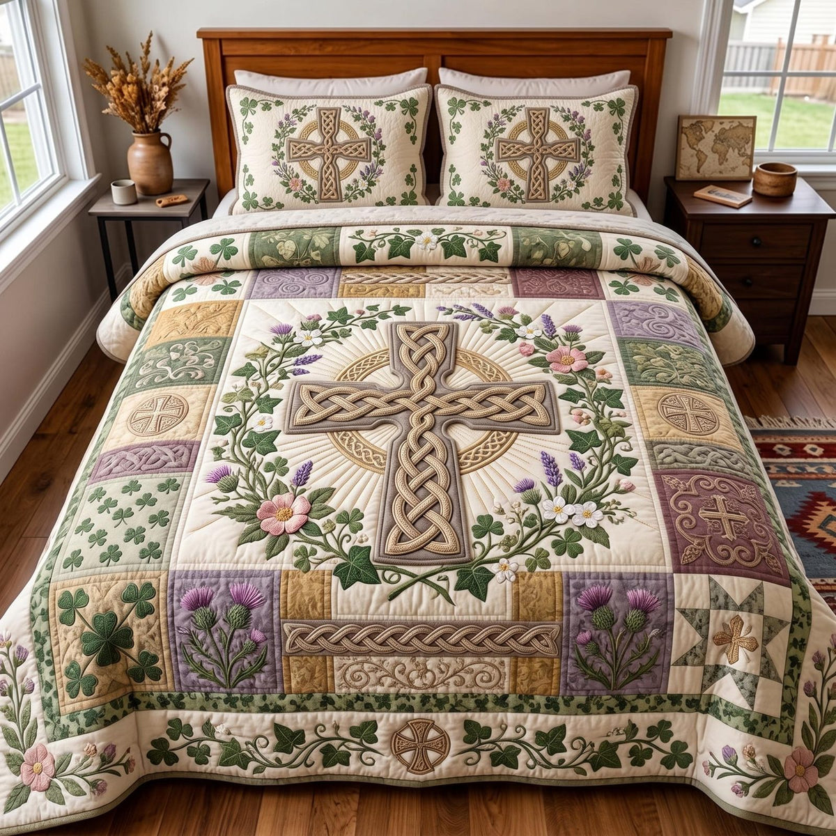 Celtic Grace quilted 3-piece bedding set on a made bed with two matching pillow shams