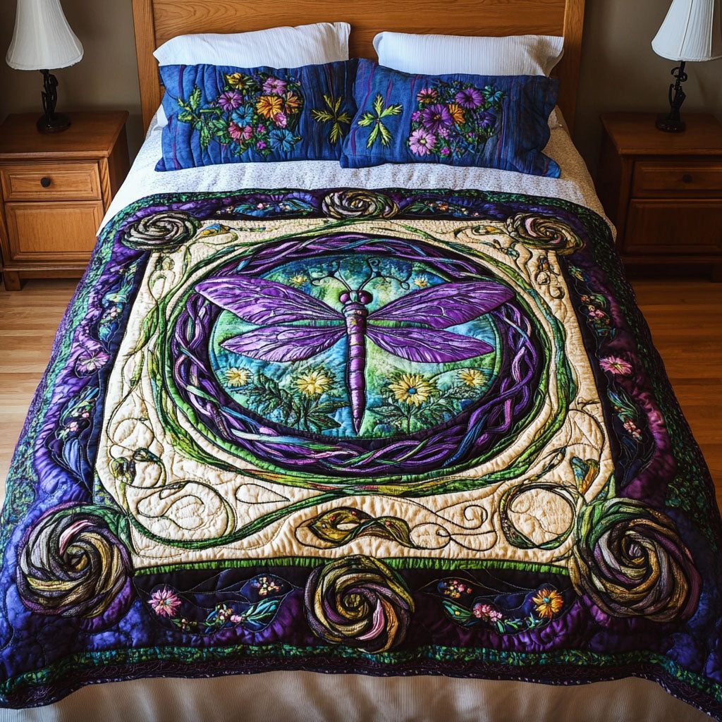 Celtic Harmony quilted 3-piece bedding set on a made bed with two matching pillow shams