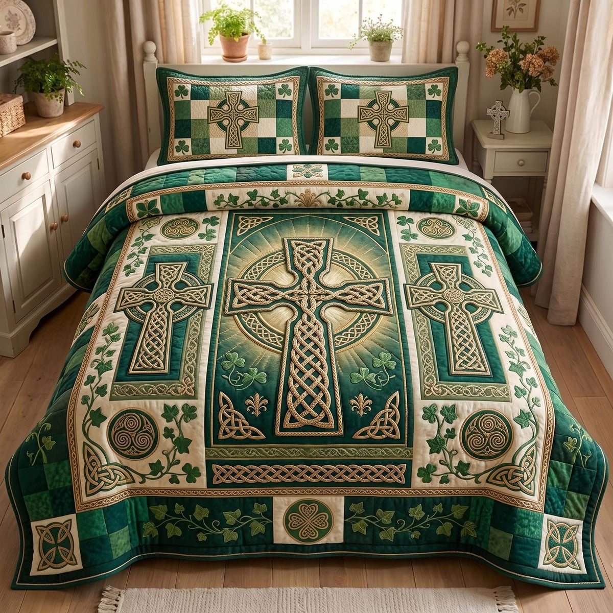Celtic Heritage quilted 3-piece bedding set on a made bed in a farmhouse bedroom