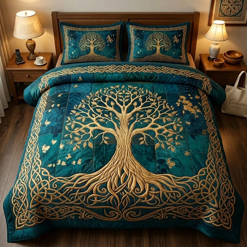 Celtic Roots quilted 3-piece bedding set on a made bed with two matching pillow shams