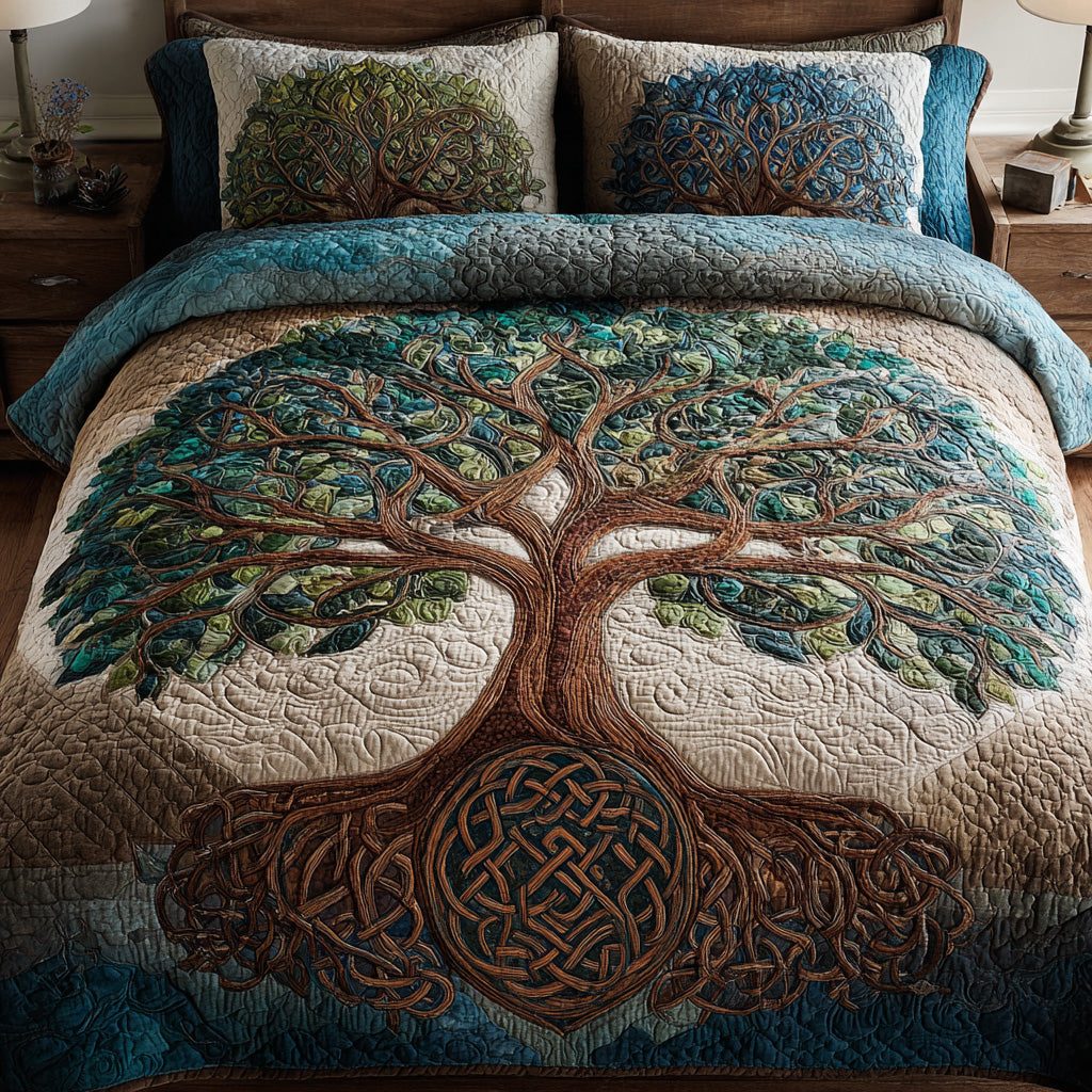 Celtic Roots quilted 3-piece bedding set on a made bed with two matching pillow shams