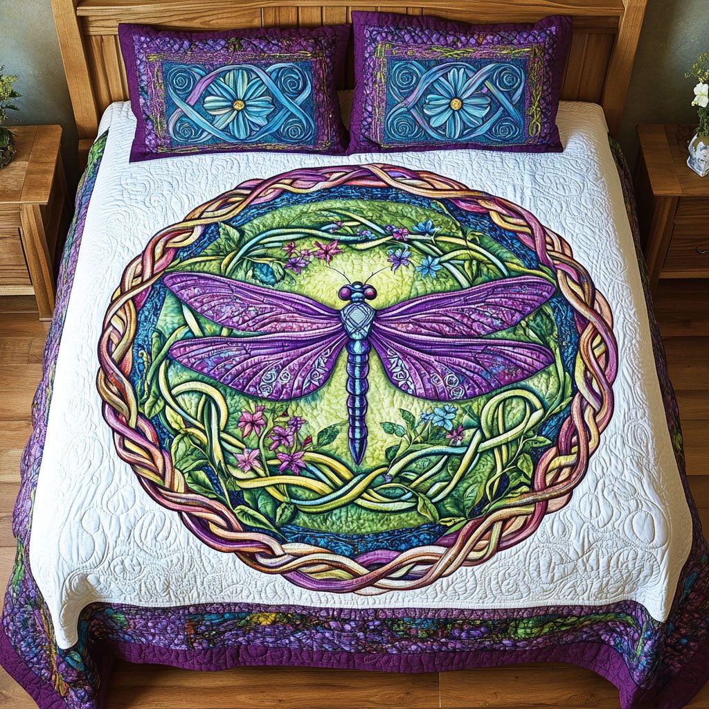 Celtic Serenity quilted 3-piece bedding set on a made bed with two matching pillow shams