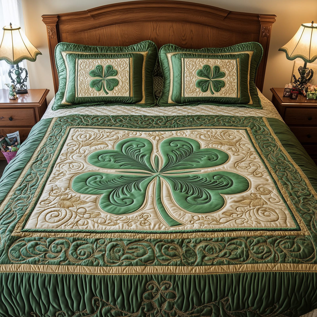 Celtic Shamrock quilted 3-piece bedding set on a made bed with two matching pillow shams