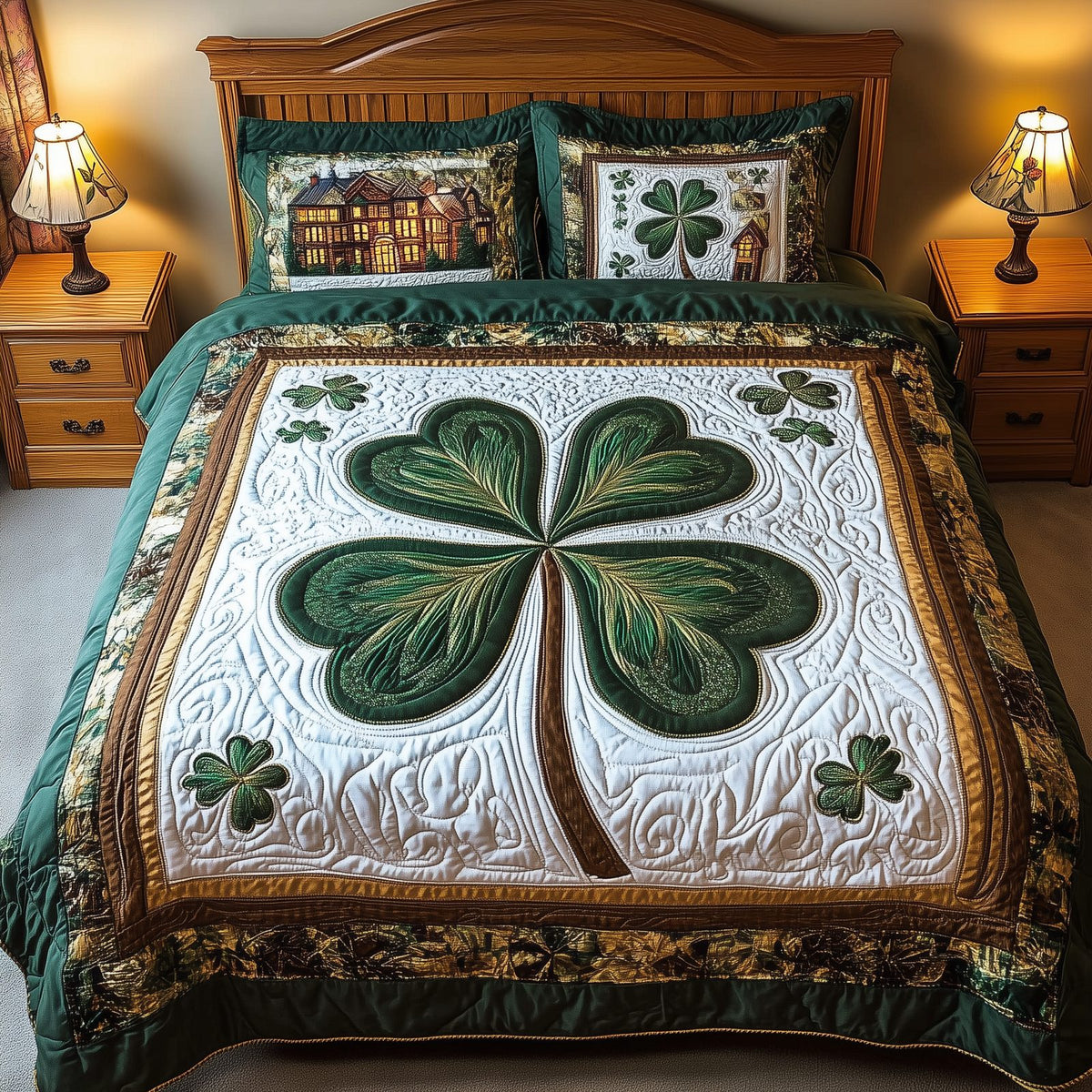 Celtic Shamrock quilted 3-piece bedding set on a made bed with two matching pillow shams