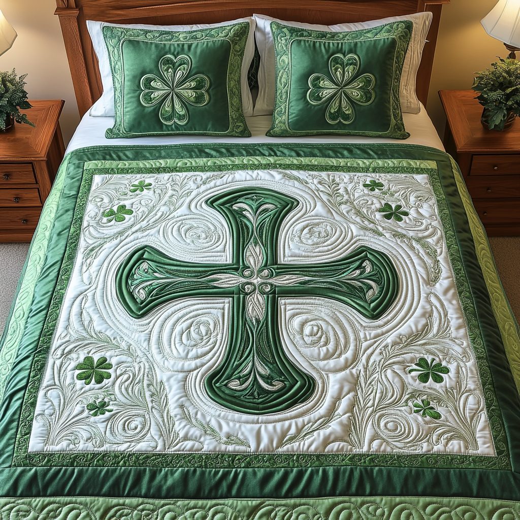 Celtic Tree Harmony quilted 3-piece bedding set on a made bed with two matching pillow shams