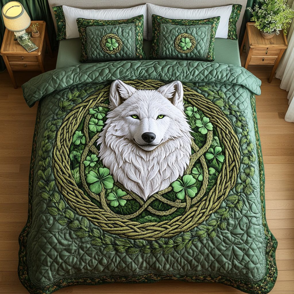 Celtic Wolf quilted 3-piece bedding set on a made bed with two matching pillow shams