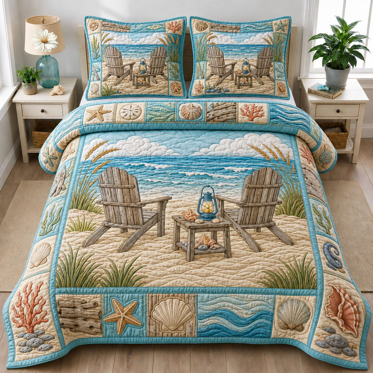 Chair At Sea quilted 3-piece bedding set on a made bed in a light coastal bedroom