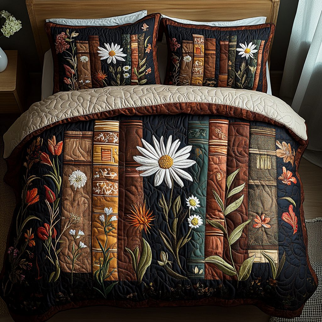 Chapter Glow quilted 3-piece bedding set on a made bed with two matching pillow shams