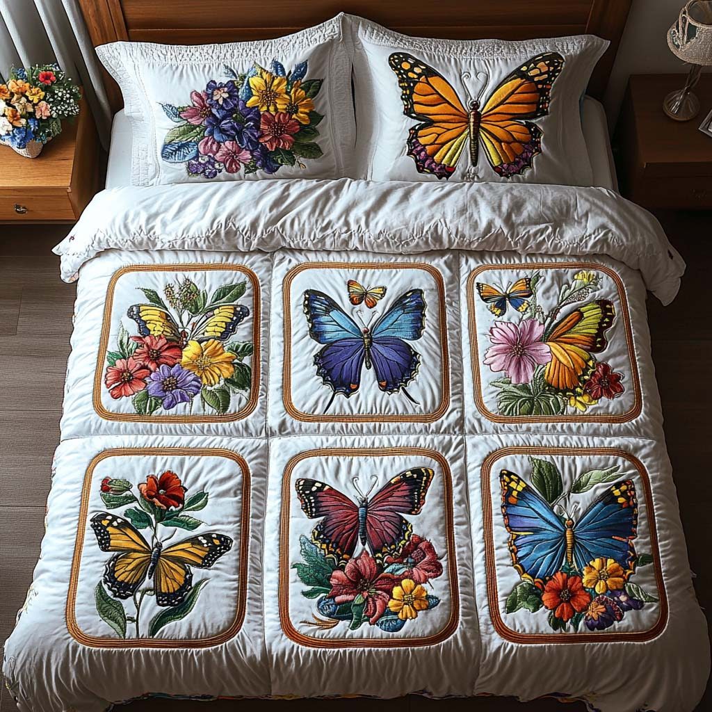 Charming Butterfly Trail quilted 3-piece bedding set on a made bed with two matching pillow shams