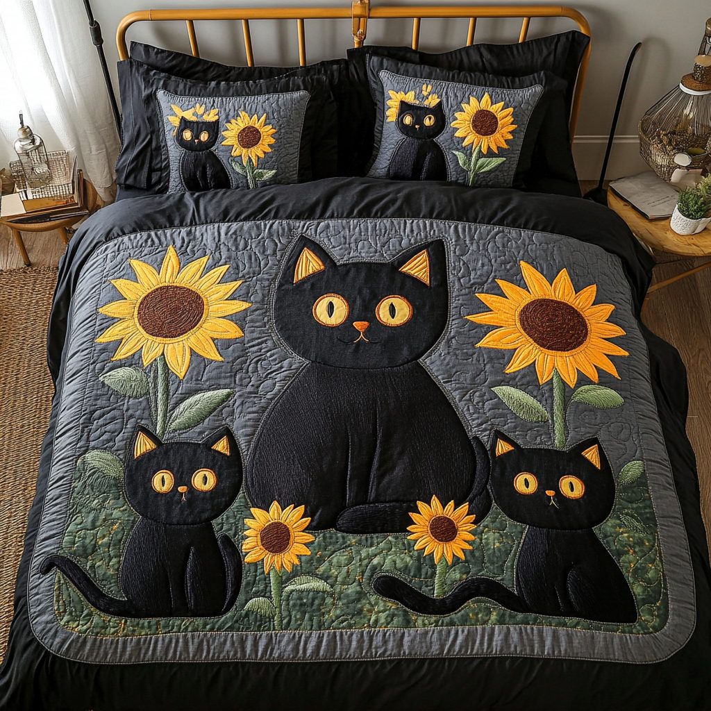 Charming Cat quilted 3-piece bedding set on a made bed with two matching pillow shams