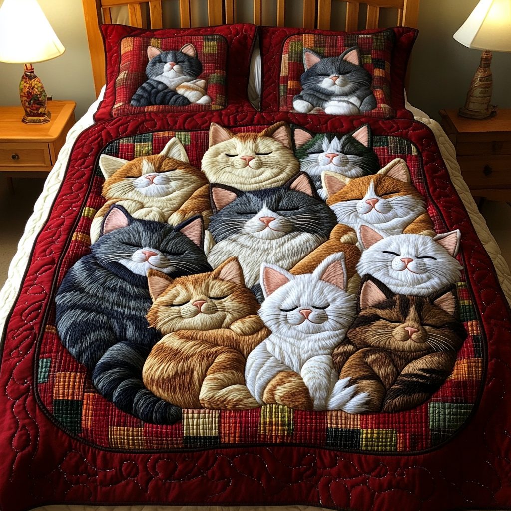 Charming Cats quilted 3-piece bedding set on a made bed with two matching pillow shams