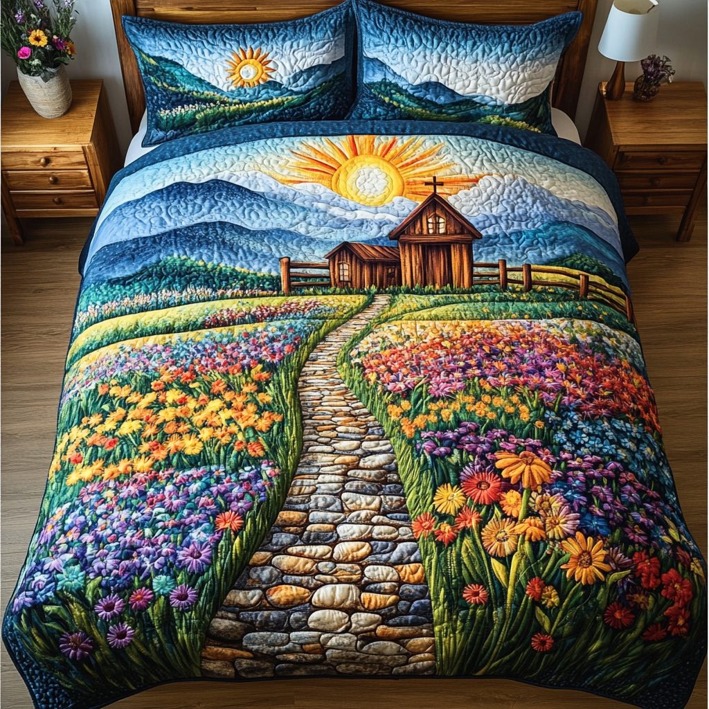Charming Church quilted 3-piece bedding set on a made bed with two matching pillow shams