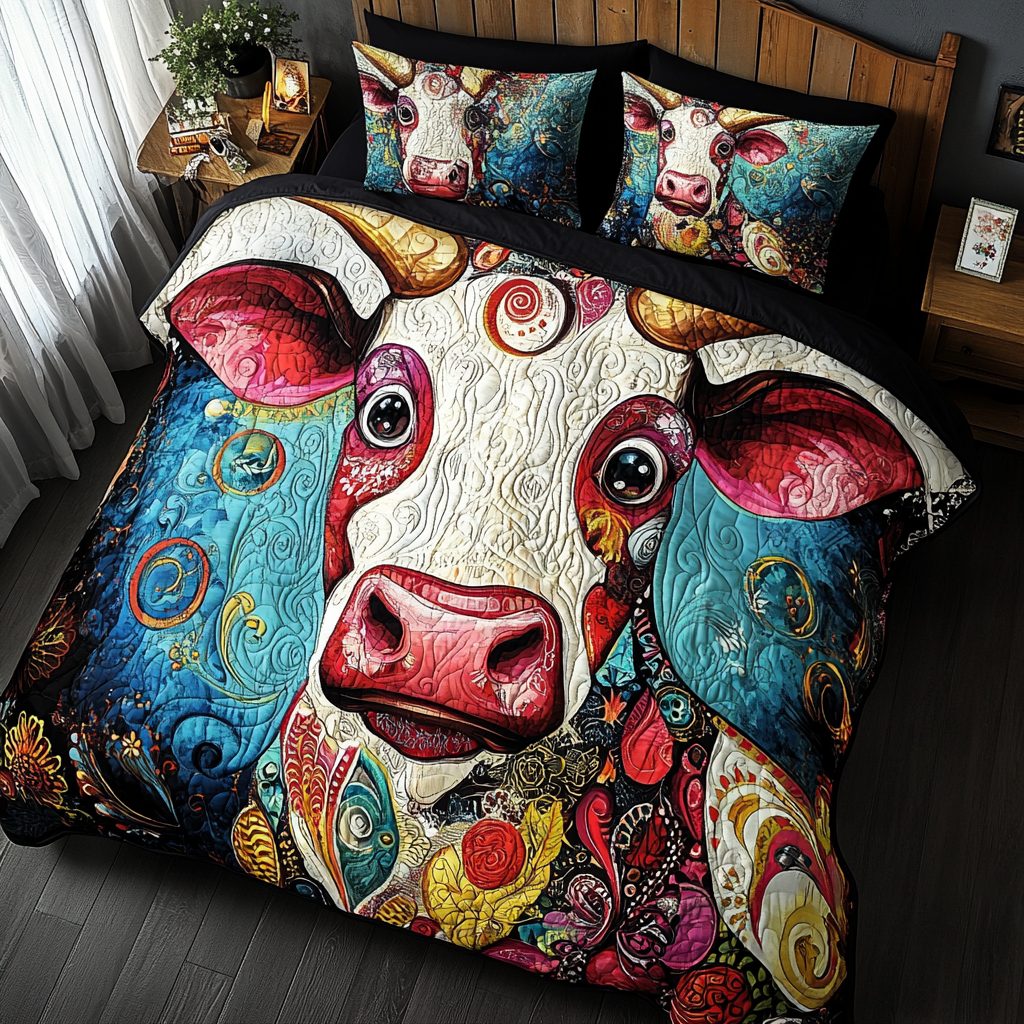 Charming Cow quilted 3-piece bedding set on a made bed with two matching pillow shams