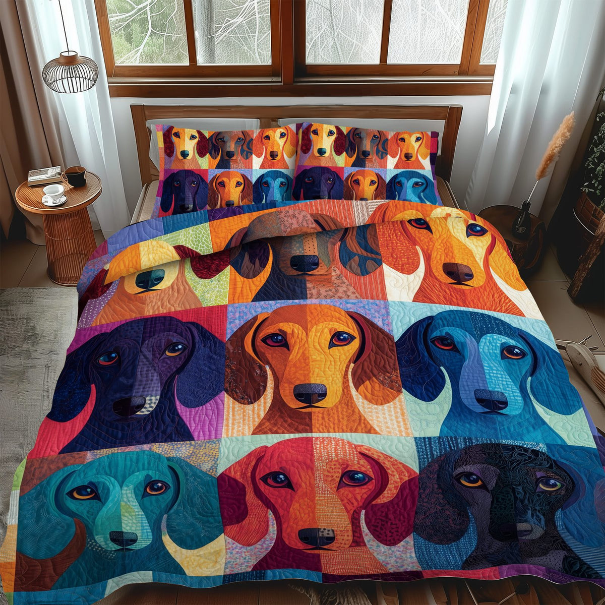 Charming Dachshund quilted 3-piece bedding set on a made bed with two matching pillow shams