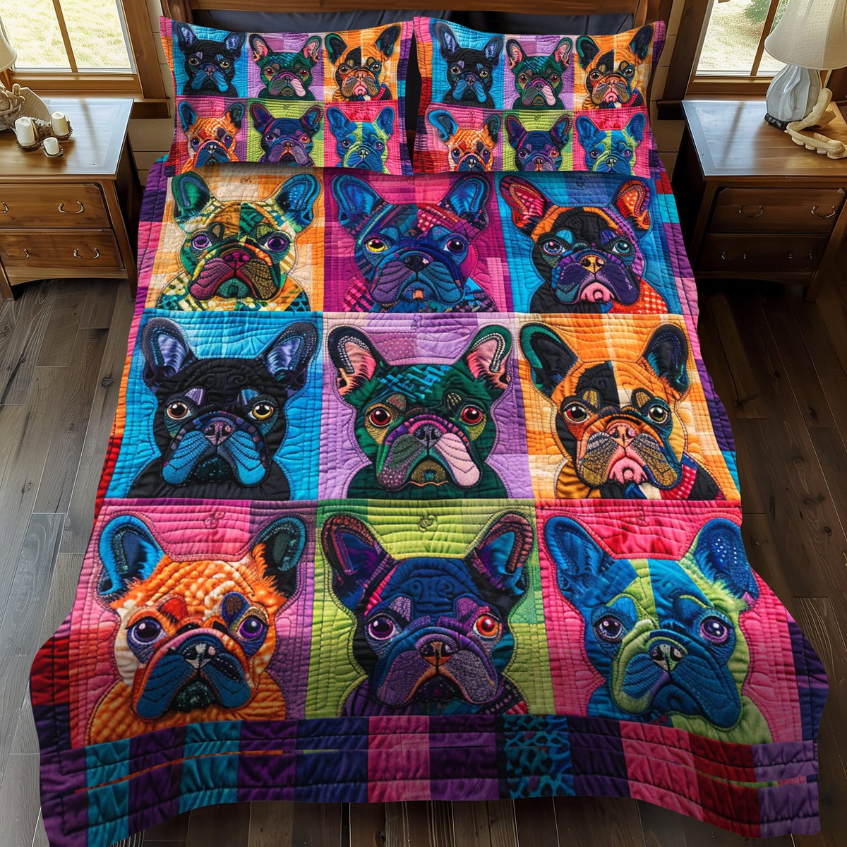 Charming French Bulldog quilted 3-piece bedding set on a made bed with two matching pillow shams
