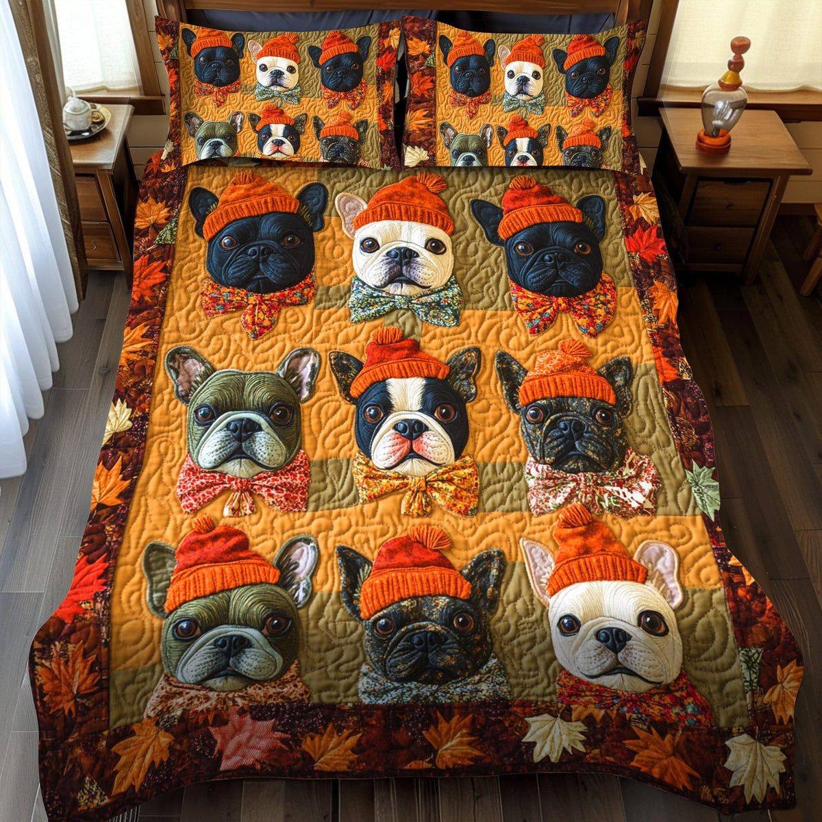 Charming French Bulldog quilted 3-piece bedding set on a made bed with two matching pillow shams