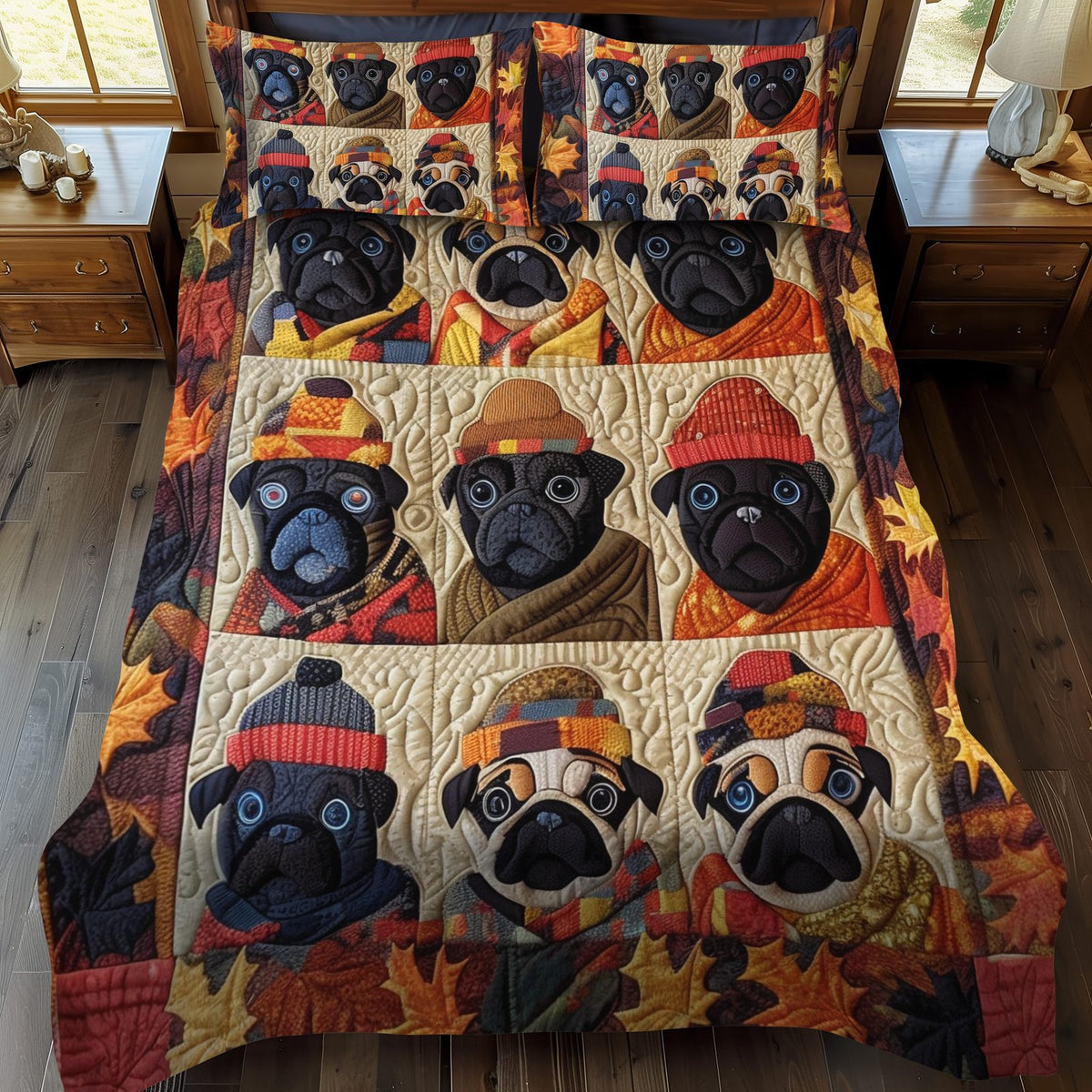 Charming Pugs quilted 3-piece bedding set on a made bed with two matching pillow shams