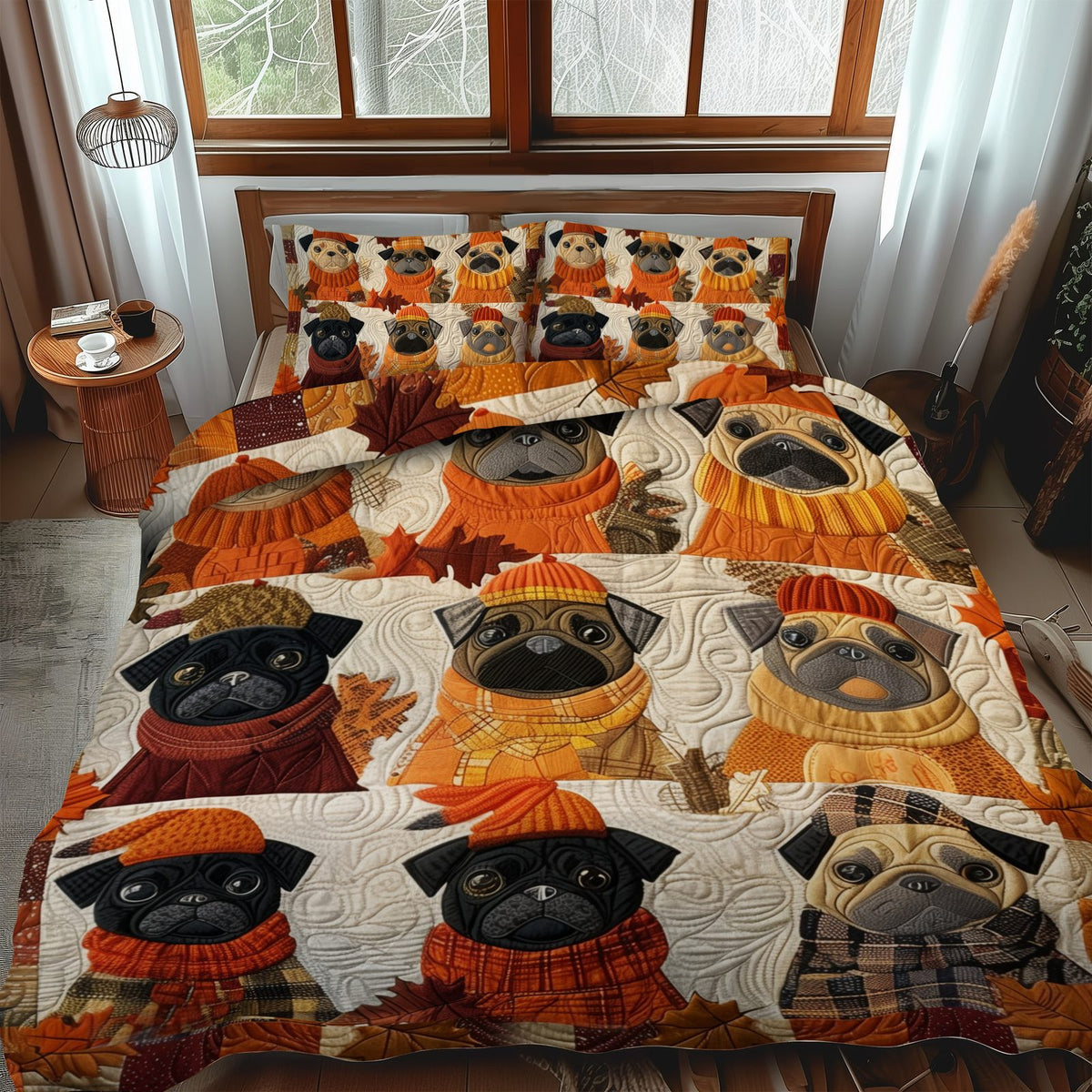 Charming Pugs quilted 3-piece bedding set on a made bed with two matching pillow shams