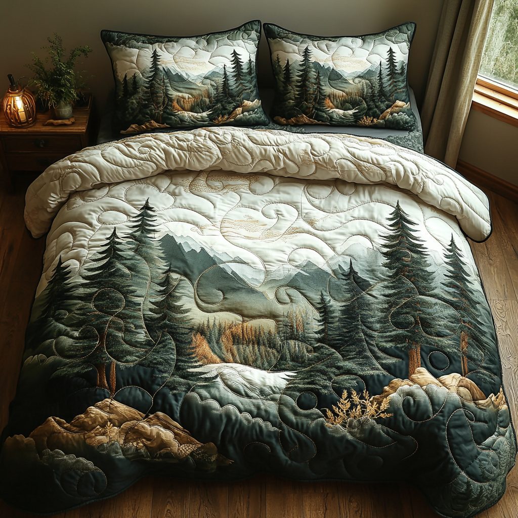 Charming Winter Forest quilted 3-piece bedding set on a made bed in a winter-styled bedroom