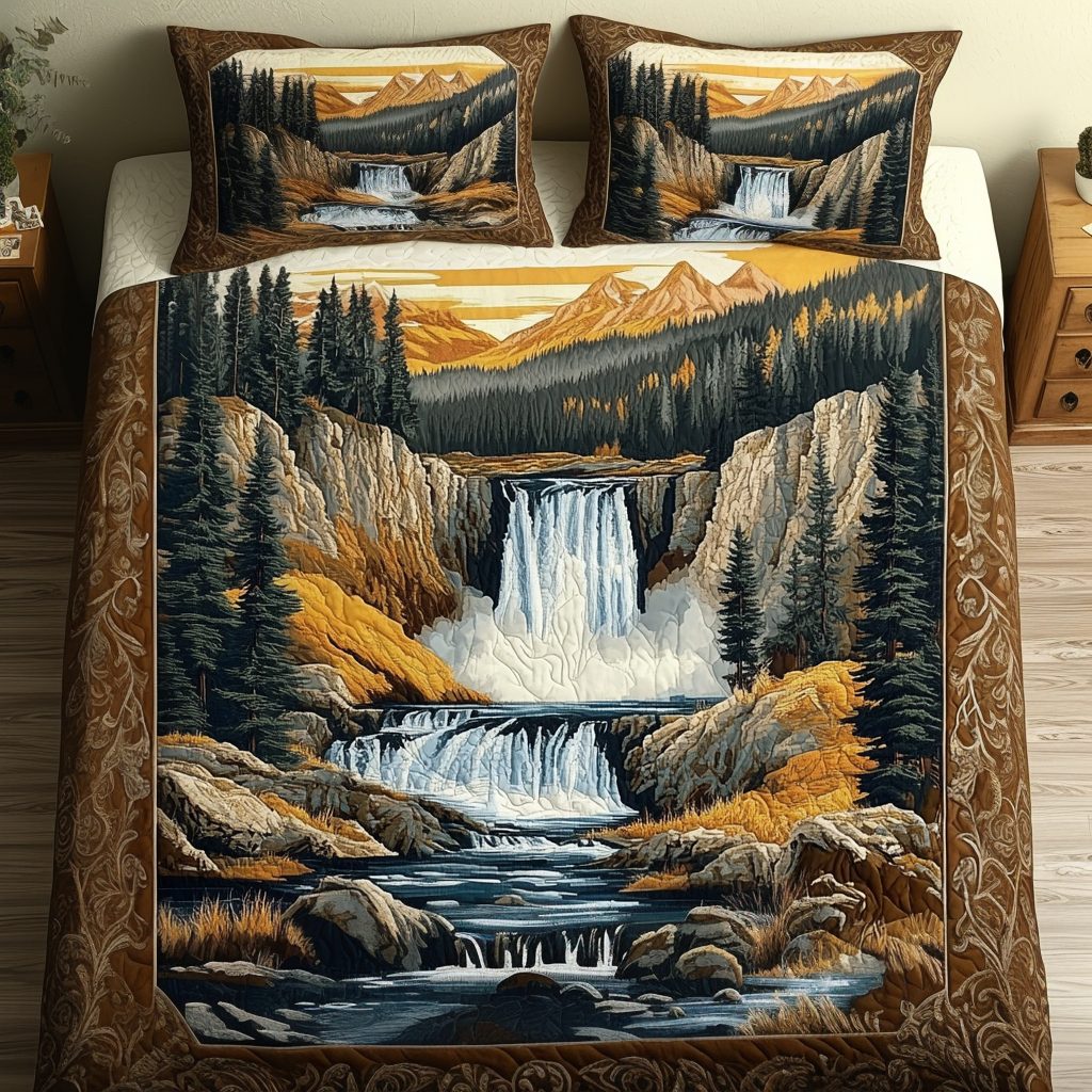 Charming Yellowstone quilted 3-piece bedding set on a made bed with two matching pillow shams
