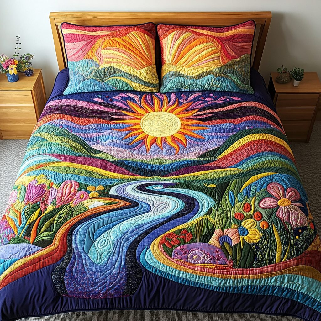 Chasing Sunlight quilted 3-piece bedding set on a made bed with two matching pillow shams