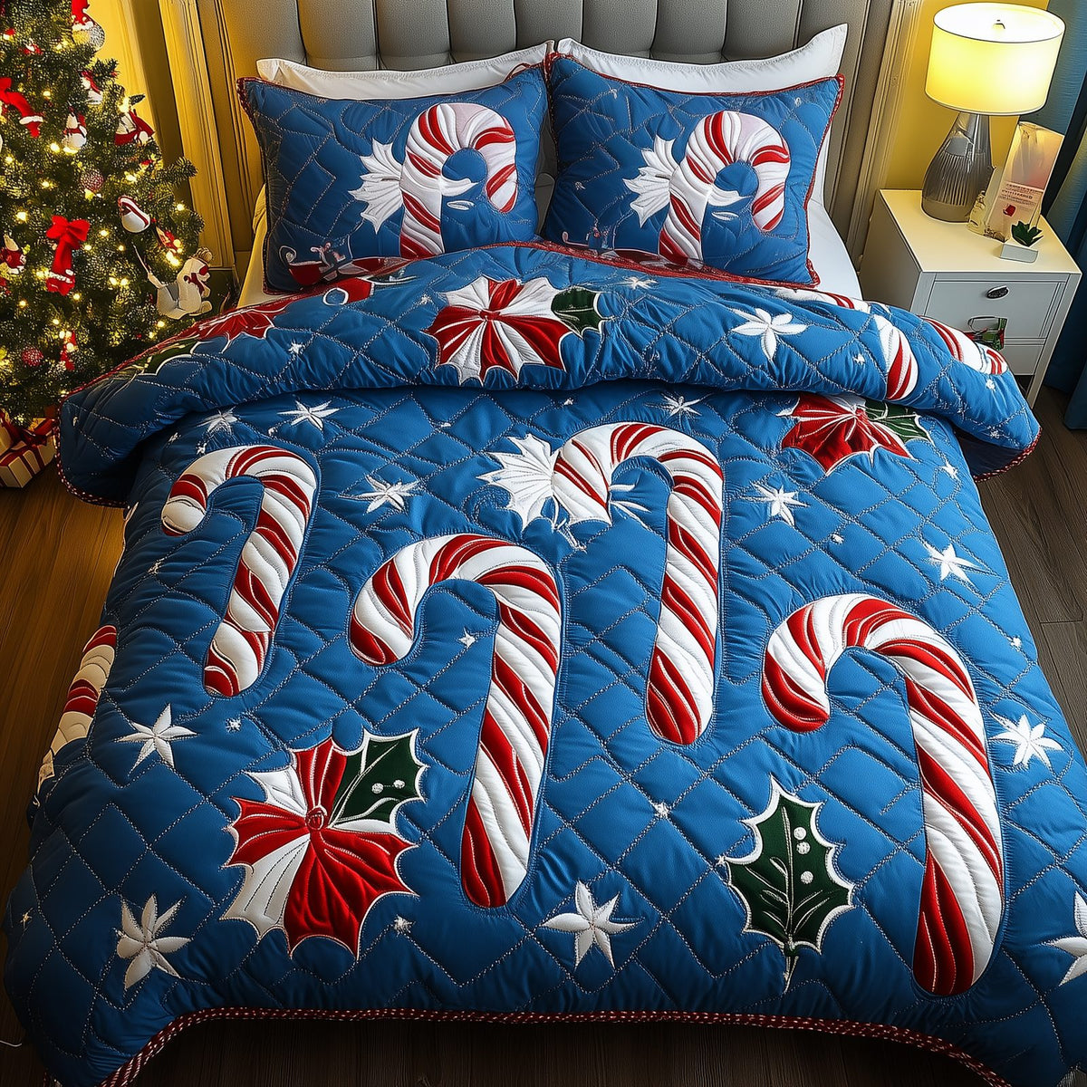 Cheerful Candy Cane quilted 3-piece bedding set on a made bed with two matching pillow shams