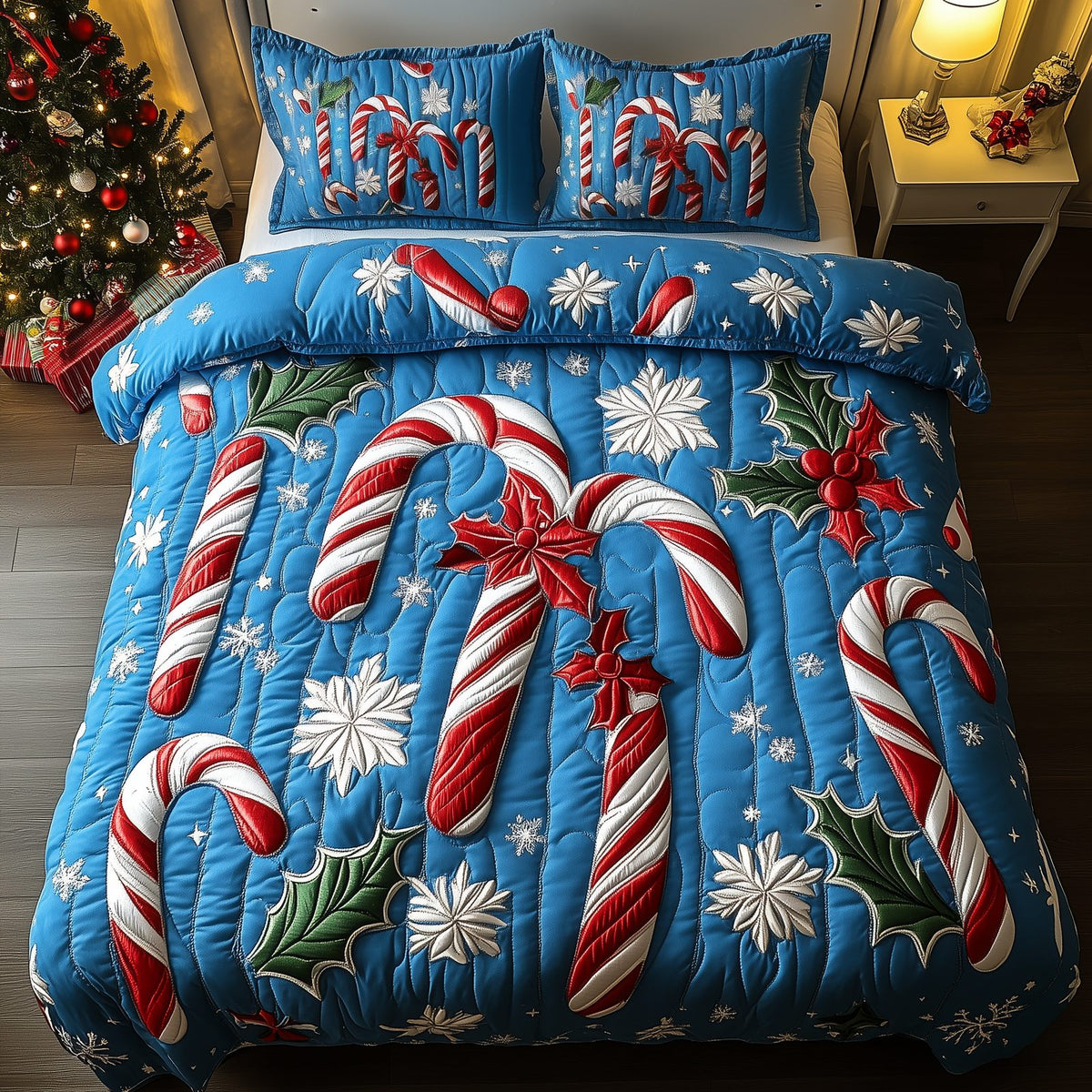 Cheerful Candy Cane quilted 3-piece bedding set on a made bed with two matching pillow shams