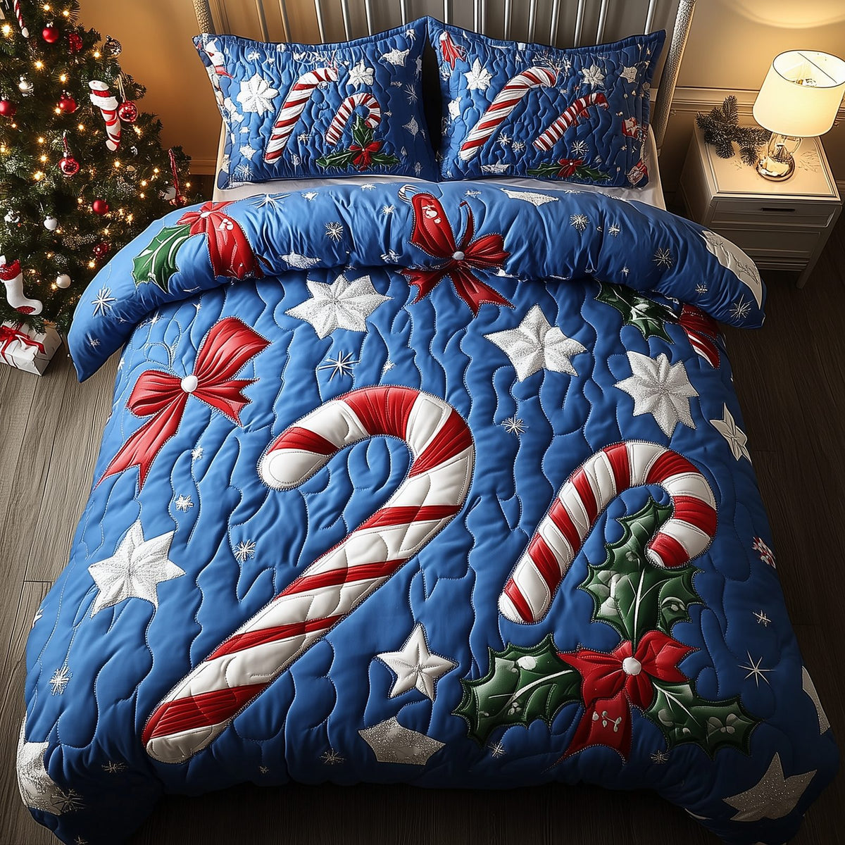 Cheerful Candy Cane quilted 3-piece bedding set on a made bed with two matching pillow shams