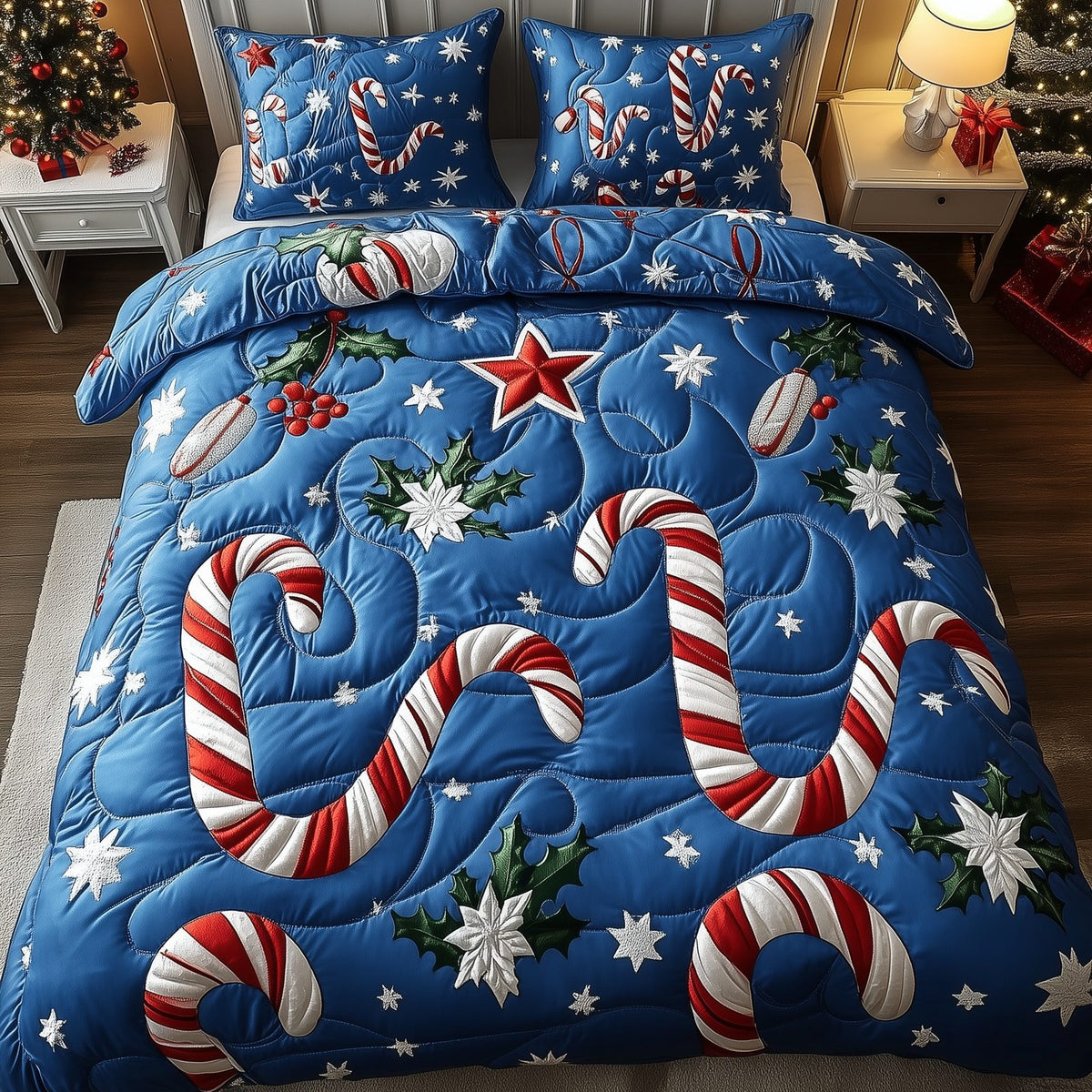 Cheerful Candy Cane quilted 3-piece bedding set on a made bed with two matching pillow shams