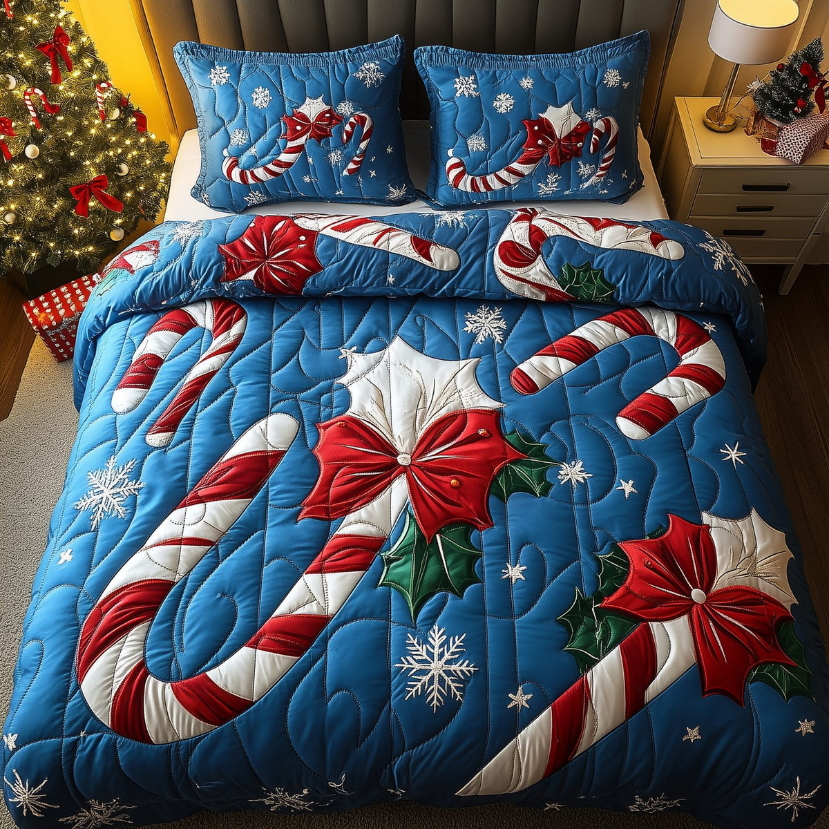 Cheerful Candy Cane quilted 3-piece bedding set on a made bed with two matching pillow shams