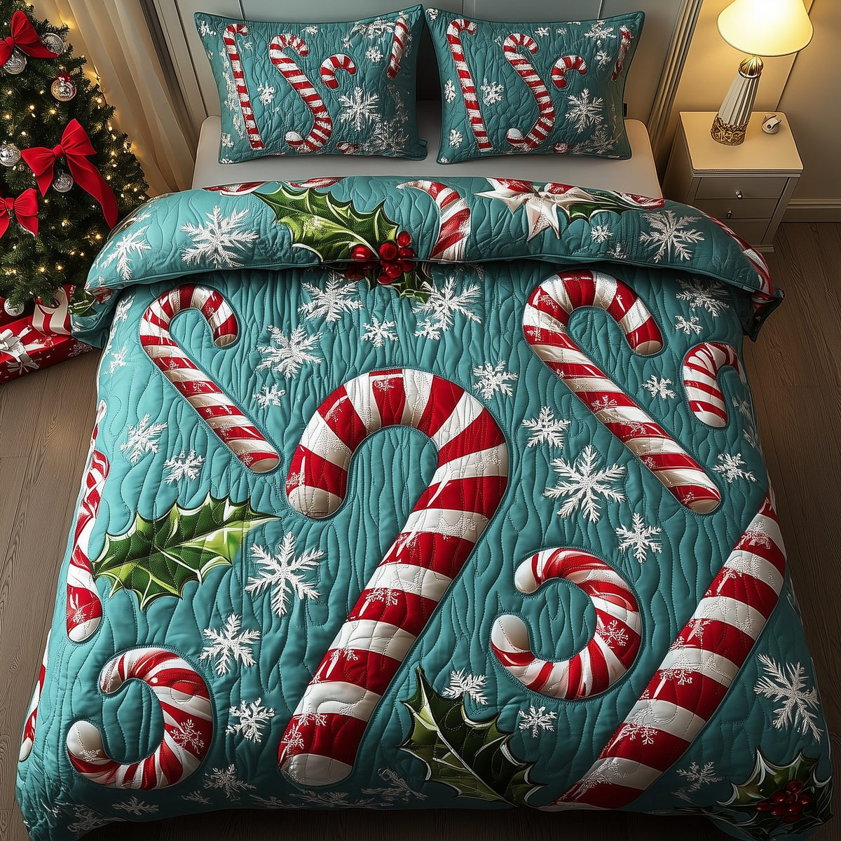 Cheerful Candy Cane quilted 3-piece bedding set on a made bed with two matching pillow shams