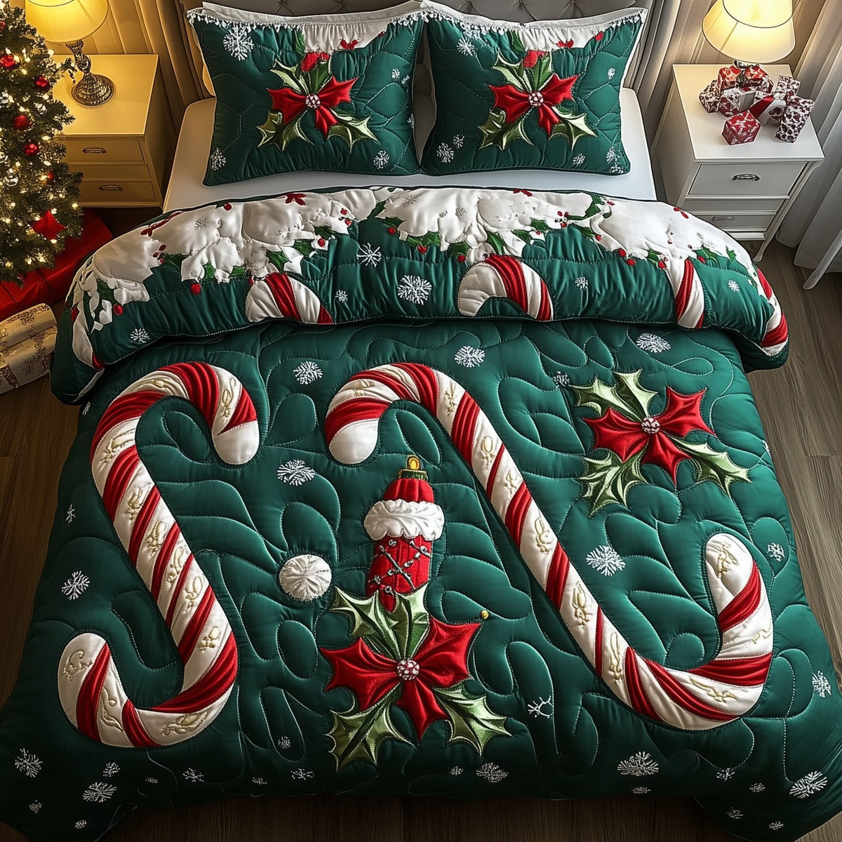 Cheerful Candy Cane quilted 3-piece bedding set on a made bed with two matching pillow shams