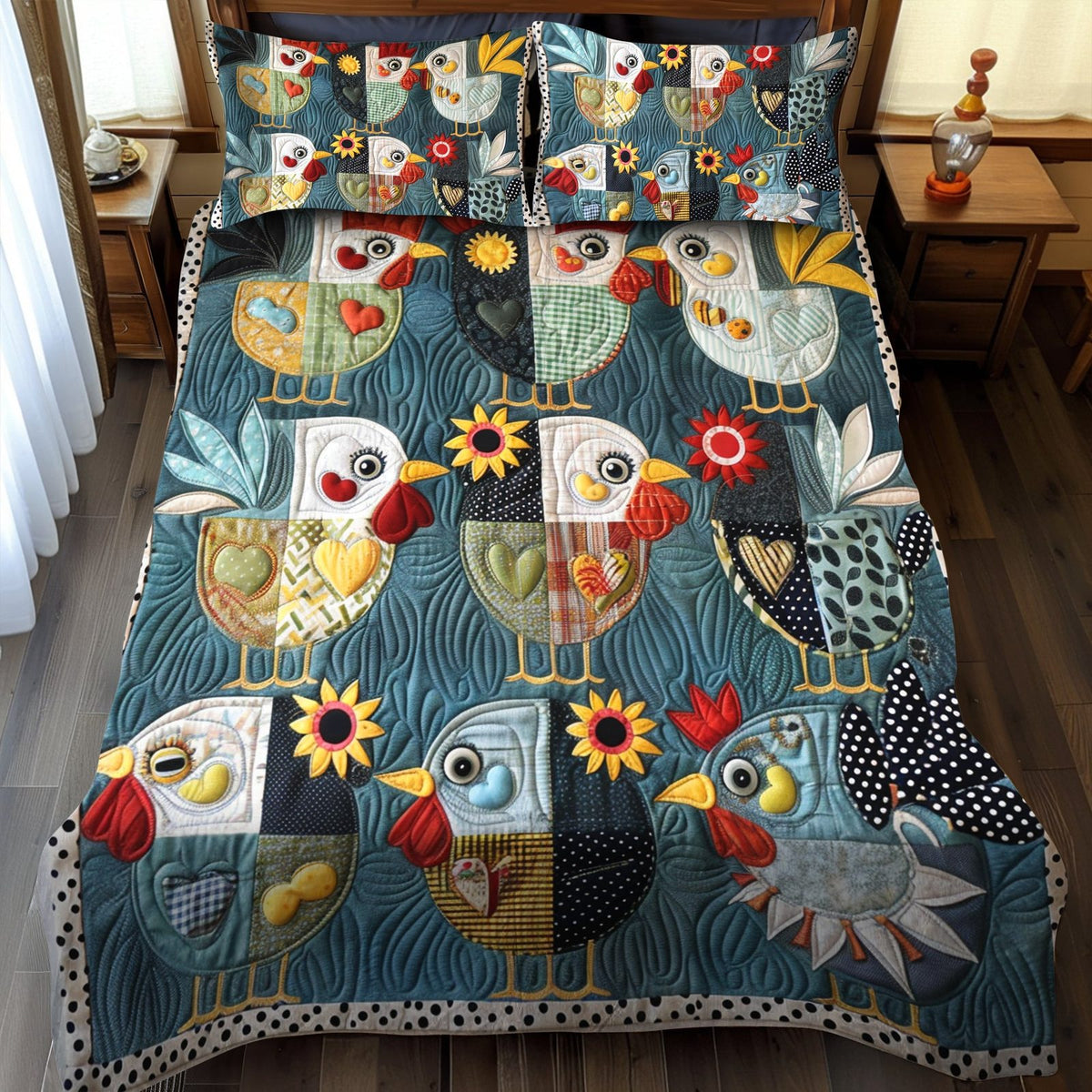 Cheerful Chicks quilted 3-piece bedding set on a made bed with two matching pillow shams
