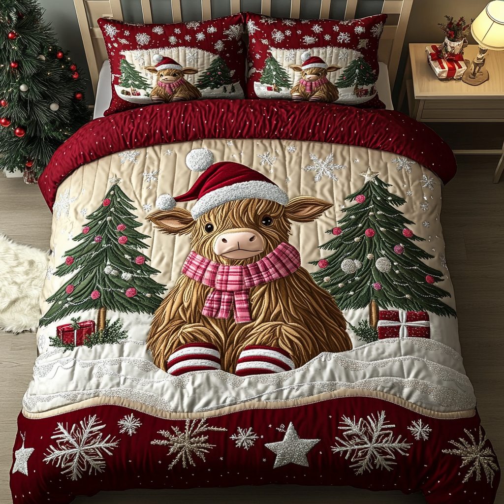 Cheerful Cow quilted 3-piece bedding set on a made bed with two matching pillow shams