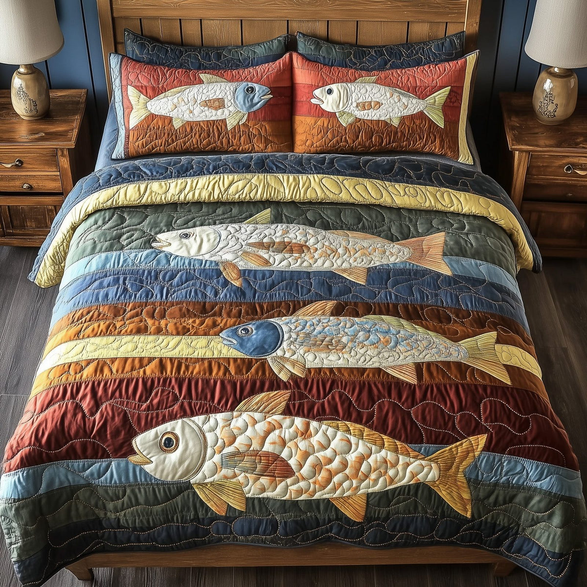 Cheerful Fishes quilted 3-piece bedding set on a made bed with two matching pillow shams