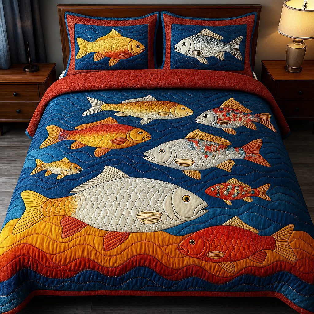 Cheerful Fishes quilted 3-piece bedding set on a made bed with two matching pillow shams