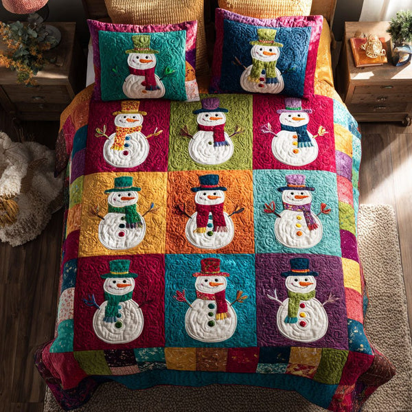 Cheerful Frost quilted 3-piece bedding set on a made bed in a winter-styled bedroom
