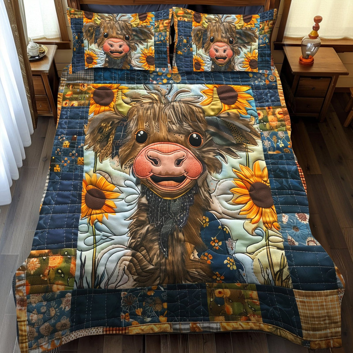 Cheerful Moo-ments quilted 3-piece bedding set on a made bed with two matching pillow shams